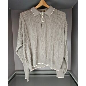 Haband Mens Long Sleeve Polo Sweater Grey Diamond Knit Textured Vintage XL